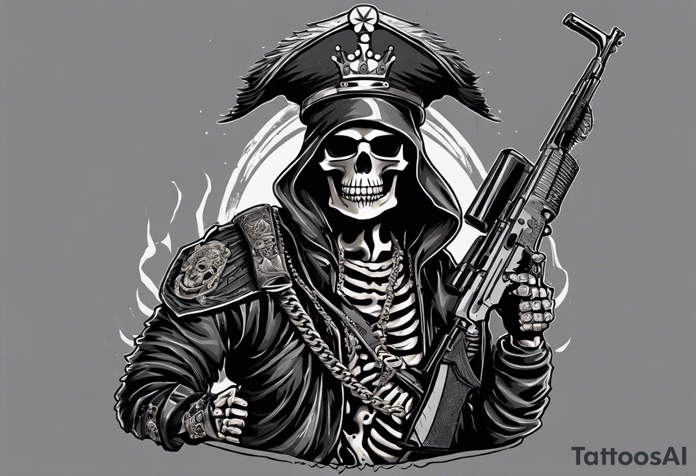 image of a skeleton standing frontally with a crown on his head, holding an AK-47 on his shoulder with his right hand. The chain on the left should be taut, there are three angry barking Dobermans in it, near the waist tattoo idea