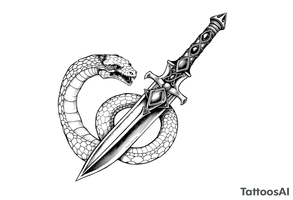 mystical snake coiled around an ancient dagger with jeweled hilt tattoo idea