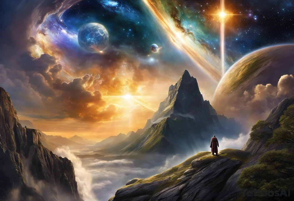Jehovah looking out at the marvels of his creation from the atoms to the galaxy and celestial beings. With grey wash and a fantasy theme. Jehovah has to be a character who is so majestic, charismatic, immensely powerful. There isnt a single thing he isnt capable of doing. Infinitely powerful forward facing. Without the pagan styled attire and without the pagan symbols etceterashirtless, large muscular athletic physique, deep muscle definition tattoo idea