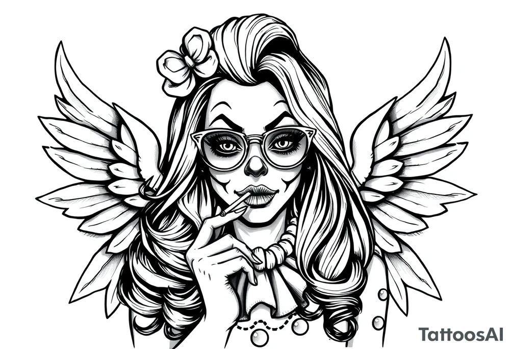 beautiful long hair pin up Clown Girl pays thug eyeglasses  angelic wings smoking a cigarette tattoo idea