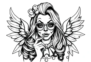 beautiful long hair pin up Clown Girl pays thug eyeglasses  angelic wings smoking a cigarette tattoo idea