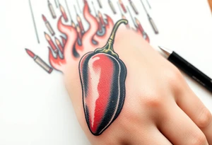 Chili pepper with flames and raining bullets in the background tattoo idea
