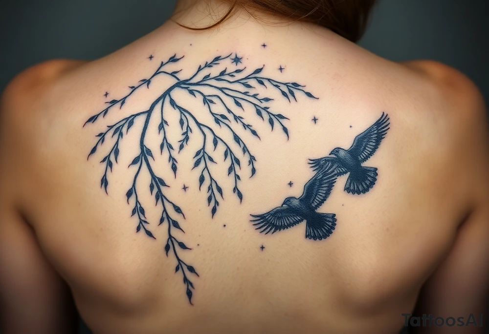 Weeping willow with starry sky background with zodiac constellations in it with runes and ravens tattoo idea