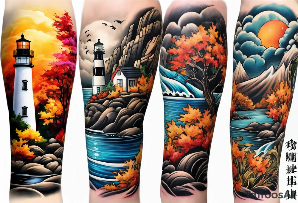 Arm sleeve with fall colors, various flowers, water flow, water splash, light house tattoo idea