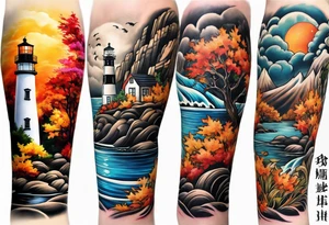 Arm sleeve with fall colors, various flowers, water flow, water splash, light house tattoo idea