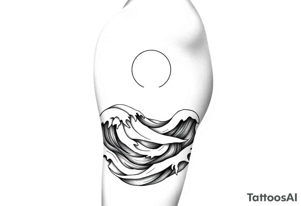 Wrap-around tattoo design, black and white line art. Stylized calm sea with flowing waves wrapping around the arm, horizon line extending seamlessly. Above the horizon, a glowing sun or moon integrated into the circular flow, with subtle Norse runes (Algiz, Raido) hidden in the light. Balanced, elegant, marine and mythological atmosphere. Clean outlines, high contrast, stencil-ready for forearm tattoo. tattoo idea