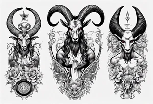 Baphomet full sleeve high contrast human like goat friendly but strong no flowers tattoo idea