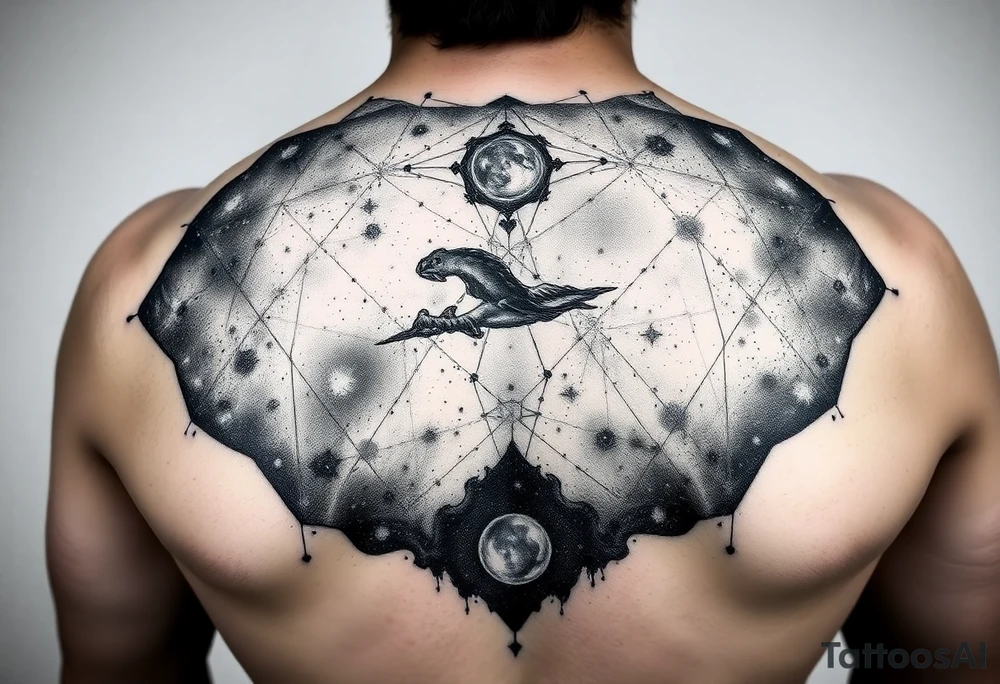 full milky way that covers the upper middle back and is geometric that also uses negative spaces to create a nebula tattoo idea