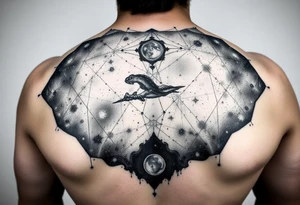 full milky way that covers the upper middle back and is geometric that also uses negative spaces to create a nebula tattoo idea