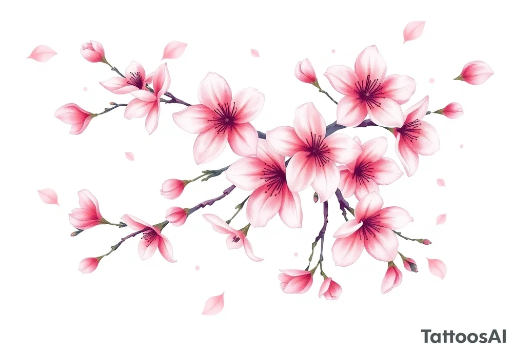 delicate cherry blossoms swirling in spring breeze with petals tattoo idea