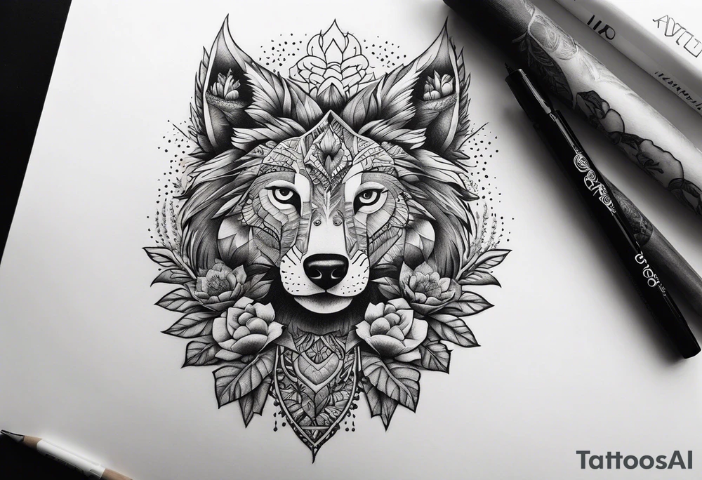 Lobo ,  cactos e árvore da vida por do sol tattoo idea