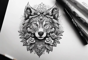 Lobo ,  cactos e árvore da vida por do sol tattoo idea