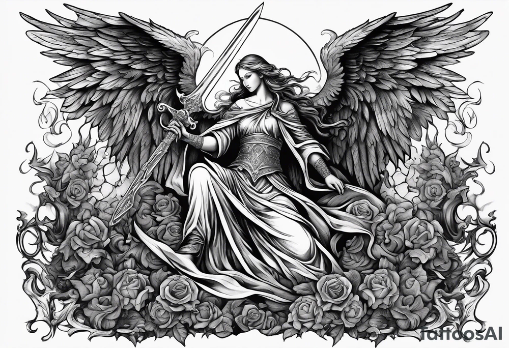Angel with long sword on a pile of dead demons in etchwork style sleeve tattoo idea