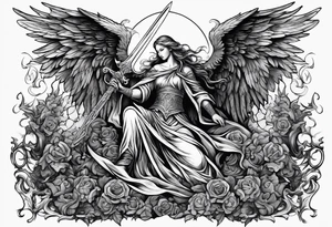 Angel with long sword on a pile of dead demons in etchwork style sleeve tattoo idea