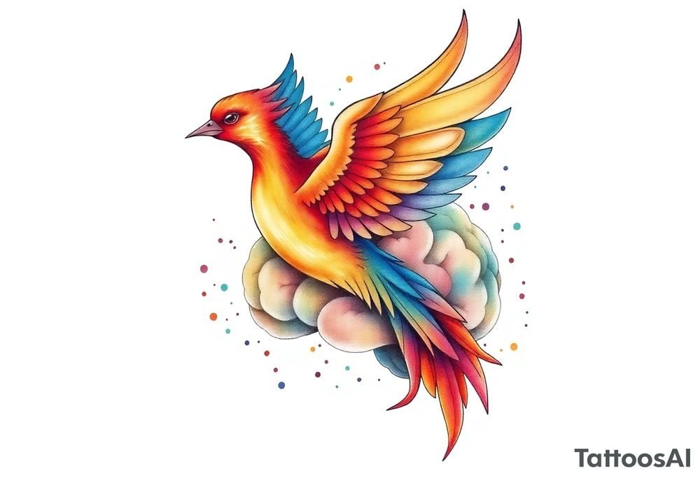 Colorful phoenix flying out of a realistic brain tattoo idea