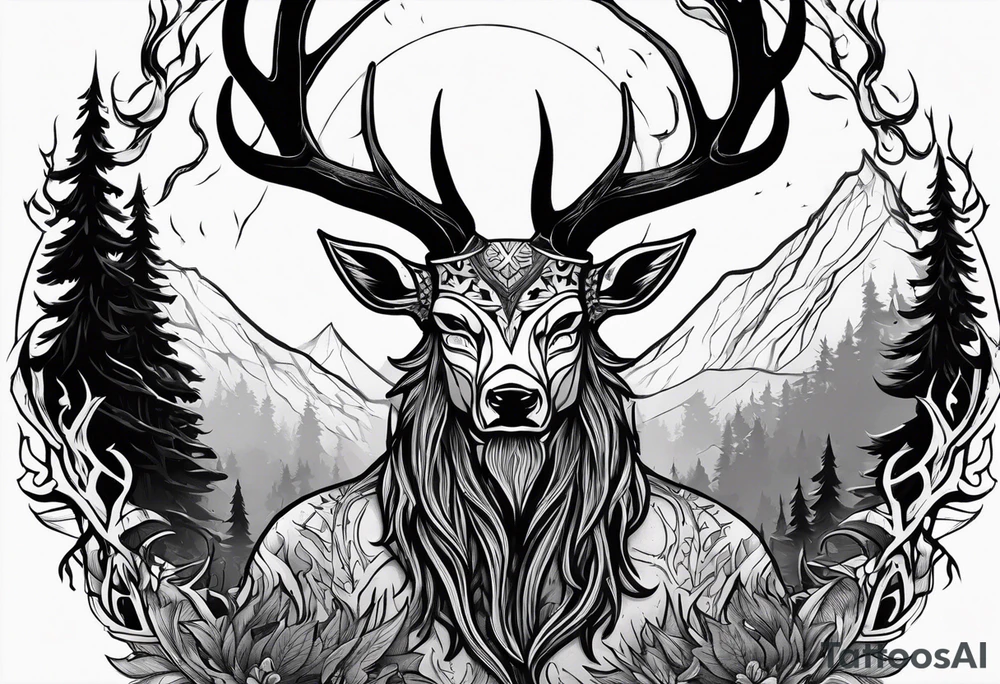 A SCARY lore accurate wendigo surrounded by a forest fire in background tattoo idea