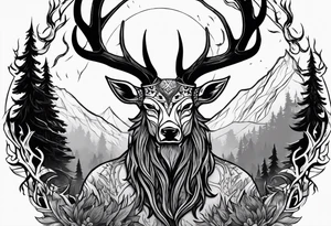 A SCARY lore accurate wendigo surrounded by a forest fire in background tattoo idea