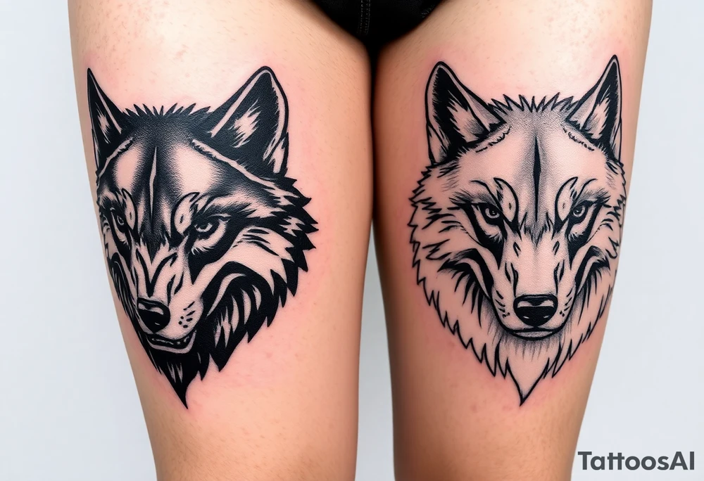 Side by side black wolf face and white wolf face tattoo idea Side by side black wolf face and white wolf face tattoo idea