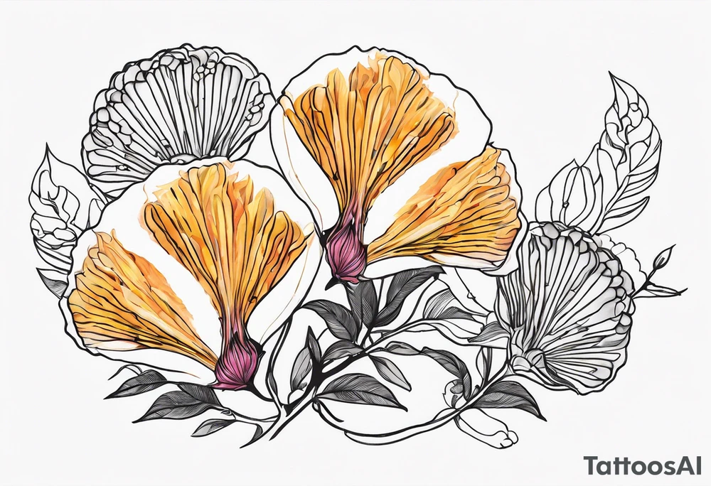 2 Albizia julibrissin blossoms floating with bivalve shells mixed in creating movement tattoo idea