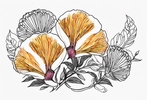 2 Albizia julibrissin blossoms floating with bivalve shells mixed in creating movement tattoo idea