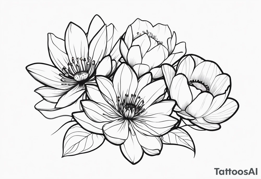waterlily flower and morning glory flower line boquet tattoo idea