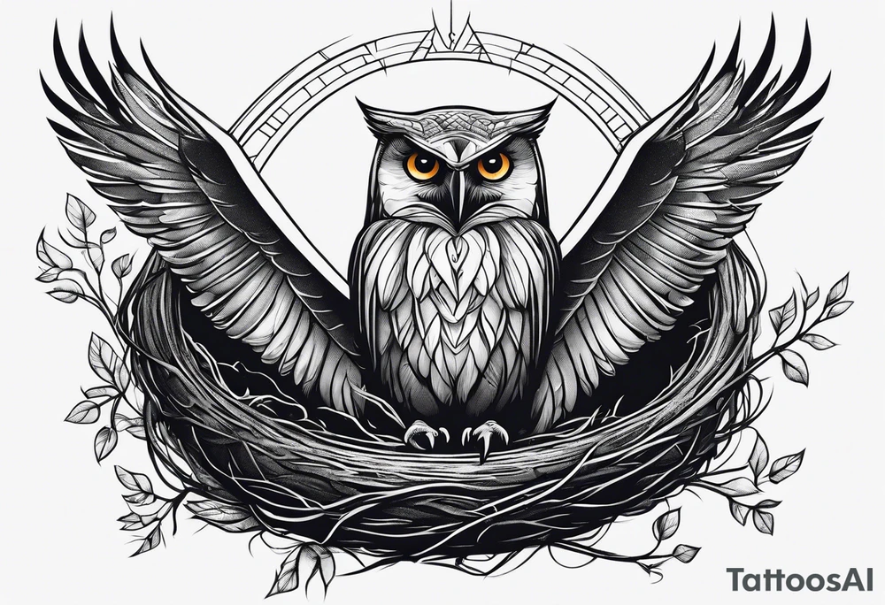 Owl, raven, eagle cuddled in a nest, birdseye view tattoo idea