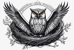 Owl, raven, eagle cuddled in a nest, birdseye view tattoo idea