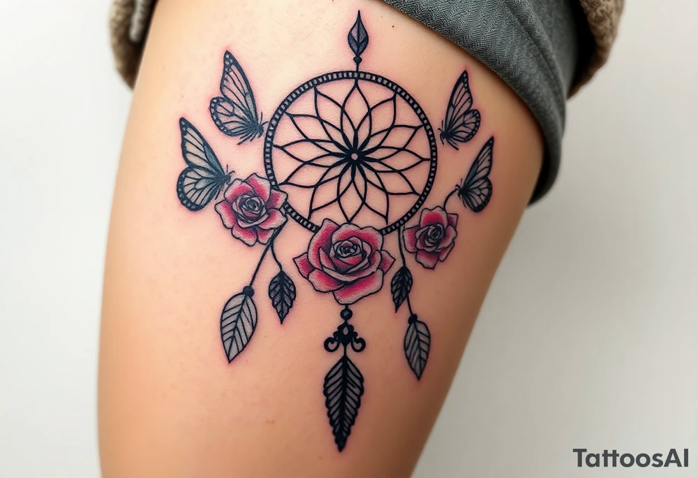 Dreamcatcher roses and butterflies tattoo idea