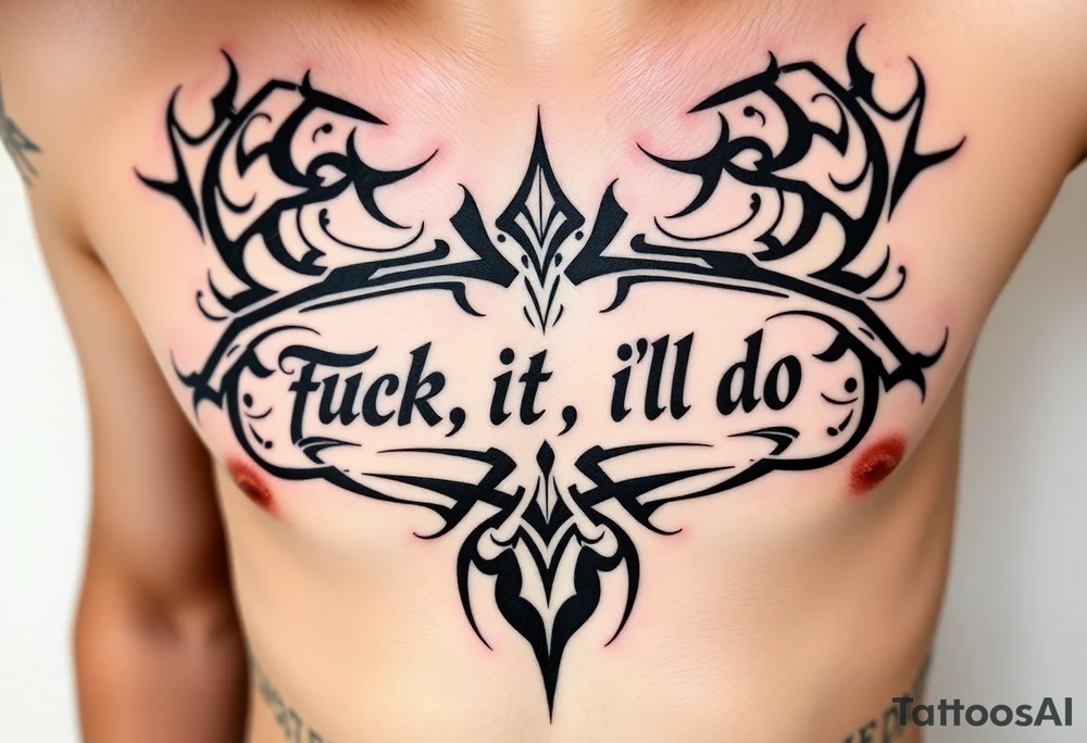 Unreadable “ Fuck it, I’ll do it” text on ribcage . 30 cm long. Kalligraphie mixed with neotribal style. tattoo idea