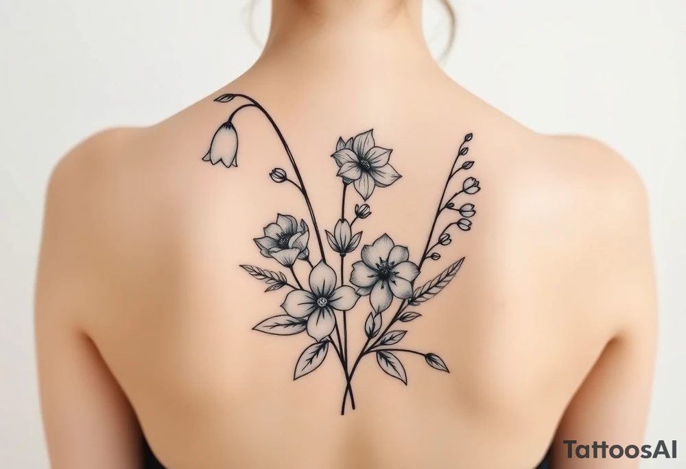 Simple small design in black bunch of flowers 1 lily of the valley 1 daffodil 1 holly 1 larkspur tattoo idea