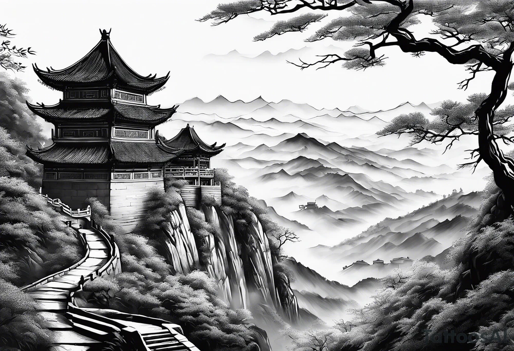 Chinese wall, realistic, art, hills, sky tattoo idea