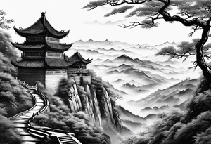 Chinese wall, realistic, art, hills, sky tattoo idea