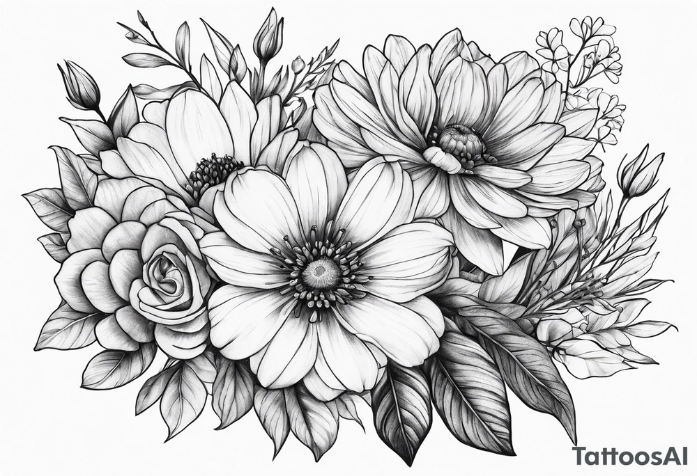 Bouquet of birth flowers tattoo idea
