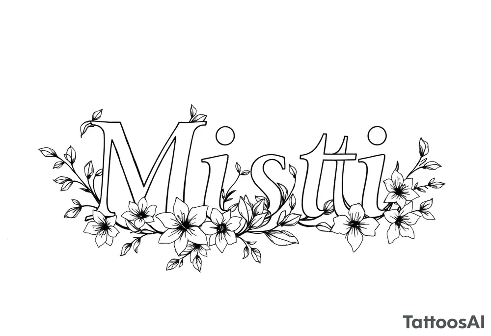 The word Misti surrounded by flowers, lilies. Vine in the letters. tattoo idea