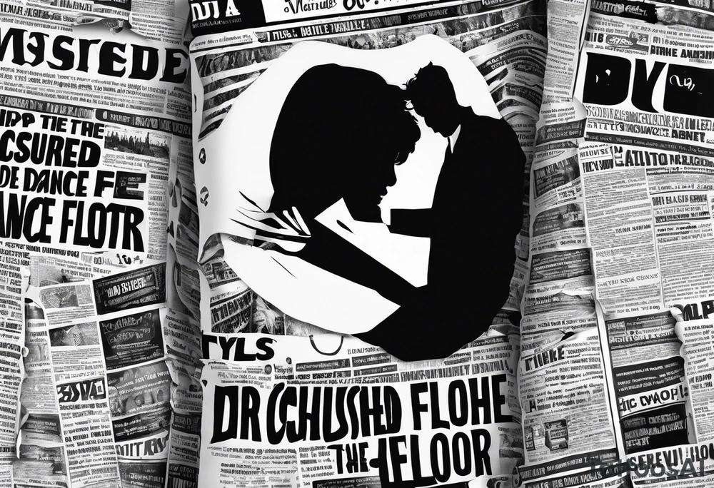 Ripped newspaper with headline saying dj crushed the dance floor. Fake newspaper Article about dj tattoo idea