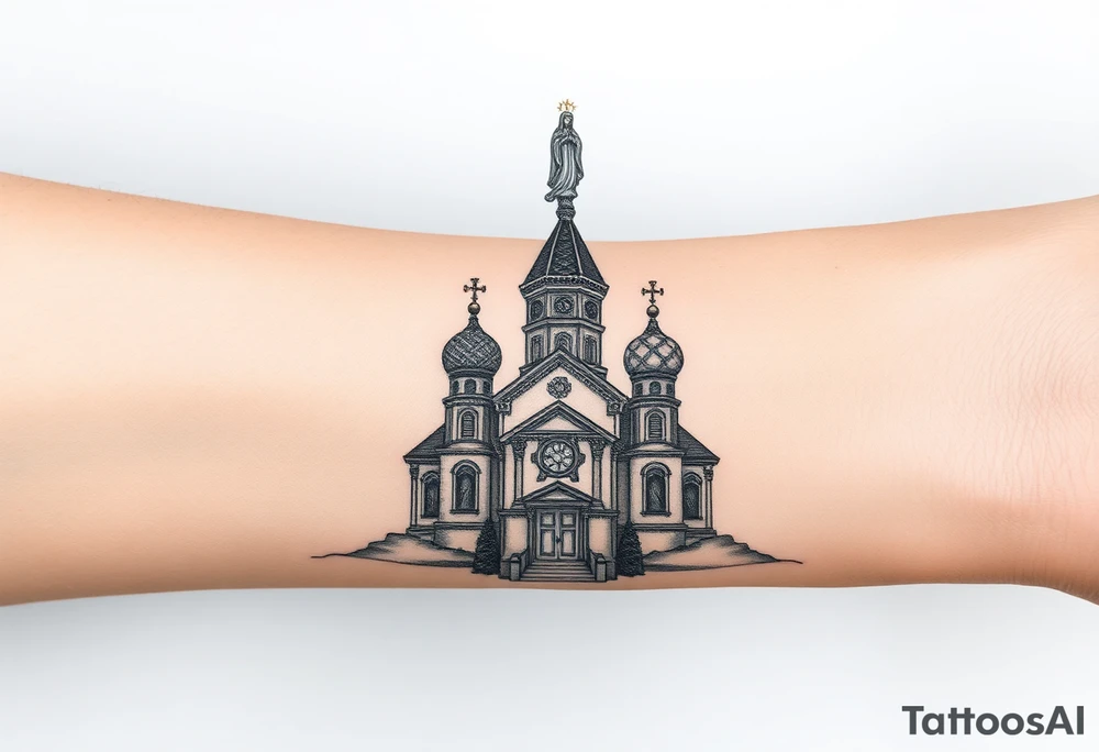 in a dorsal view a detailed medium sized country style russian orthodox church with onion domes and a band at the front with mist shrouding the top and fading into a virgin mary overlooking above at the top tattoo idea