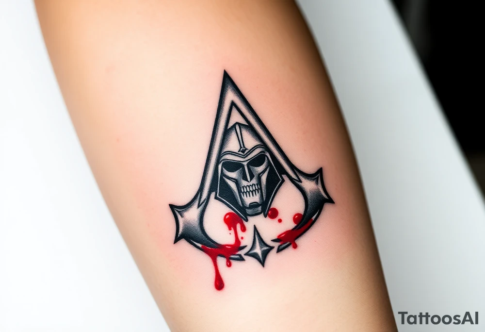 Assassins Creed emblem with Spartan helmet and sword inside and blood splashes incorporated into logo. tattoo idea