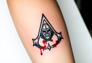 Assassins Creed emblem with Spartan helmet and sword inside and blood splashes incorporated into logo. tattoo idea