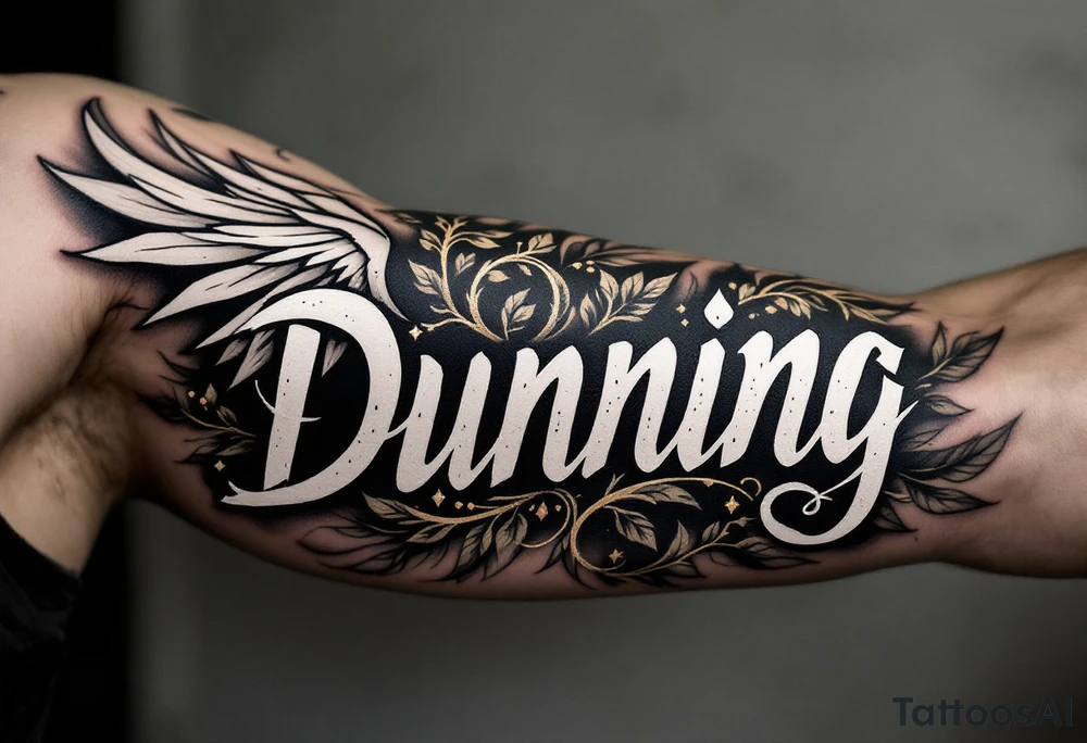 Dunning, Details include on left arm, name in white color,angel wing, rain drop jungles leaves,cool font, gold highlights tattoo idea