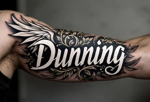 Dunning, Details include on left arm, name in white color,angel wing, rain drop jungles leaves,cool font, gold highlights tattoo idea