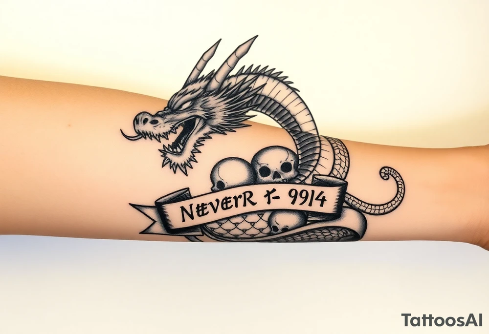 i want a big dragon on the forearm that wraps around the forearm with its tail. No wings. I want to be chinese and looking angry. I want a skull or some skulls involved in the tattoo. I want a banner that has «Never give up» written on it in chinese letters. I want the numbers 99/04 somewhere on it aswell. need it to be really big and cover the whole forearm tattoo idea