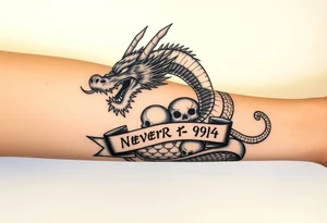 i want a big dragon on the forearm that wraps around the forearm with its tail. No wings. I want to be chinese and looking angry. I want a skull or some skulls involved in the tattoo. I want a banner that has «Never give up» written on it in chinese letters. I want the numbers 99/04 somewhere on it aswell. need it to be really big and cover the whole forearm tattoo idea
