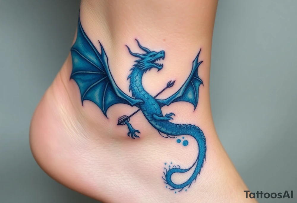 Blue fire breathing dragon with wings spread and an arrow through its chest tattoo idea
