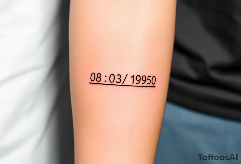 “Quero uma tatuagem no antebraço, simples e pequena. Deve ter a data de nascimento do meu avô 08/03/1950 escrita em vermelho, seguida de um traço reto e, à frente, o símbolo de infinito em preto. O design deve ser minimalista, com letras elegantes e proporcionais, mantendo um aspeto discreto.” tattoo idea