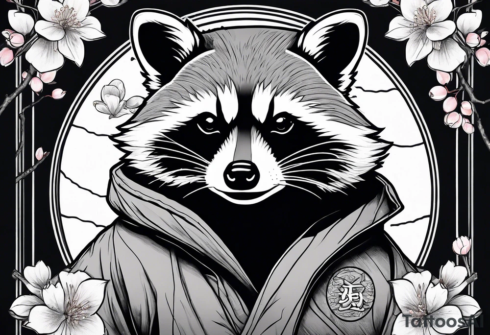 Raccoon wearing a Superman hoodie and Japanese cherry blossoms tattoo idea