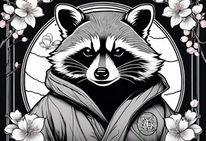 Raccoon wearing a Superman hoodie and Japanese cherry blossoms tattoo idea