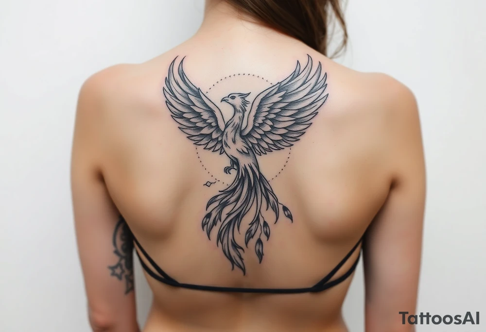 magnificent phoenix rising from golden flames with trailing embers tattoo idea