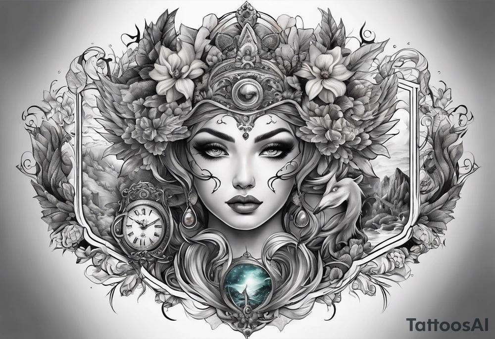 Fantasy story collage tattoo sleeve tattoo idea