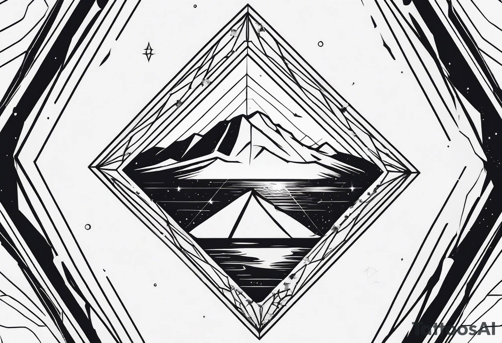 thick line art of space and nature in diamond shape tattoo idea