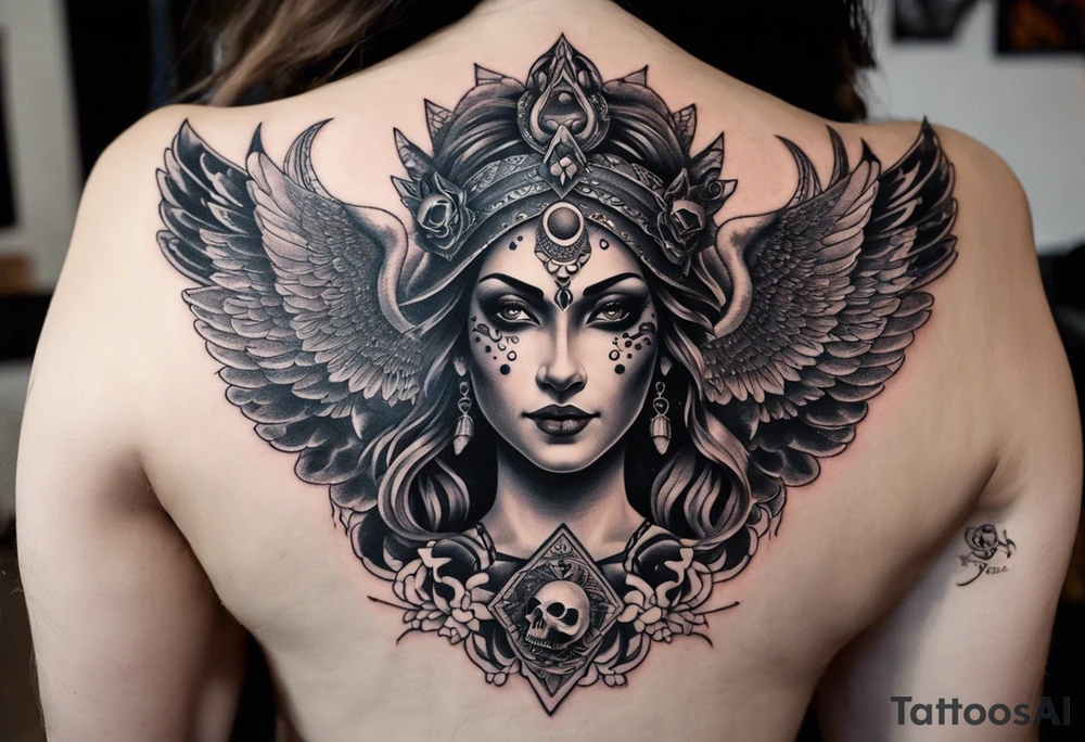 black kali, goddess pirate, alien, angel, pachamama, valkrye, warrior, flying, skull, lotus azul, wing, eagle, zenza resonance, stars, 5D, anahata chakra, death, durga, riding on a tiger, flying lady, kundalini, chest tatoo, rebel tattoo idea